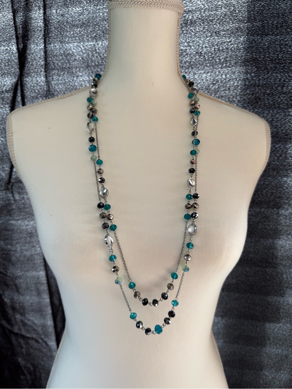 Long Layered Turquoise & Black Beaded Necklace - Women Jewelry